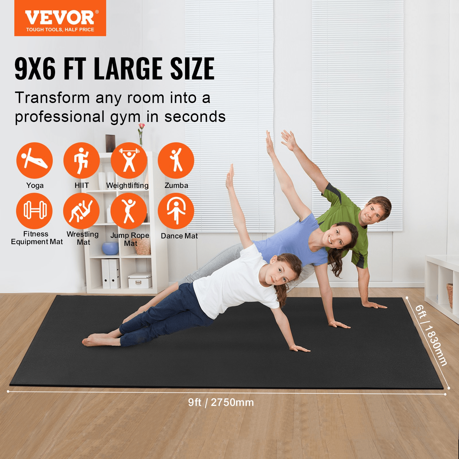 Exercise Mat VEVOR Non-Slip Exercise Mat - 9x6ft Yoga, Gym, Pilates Workout Mat