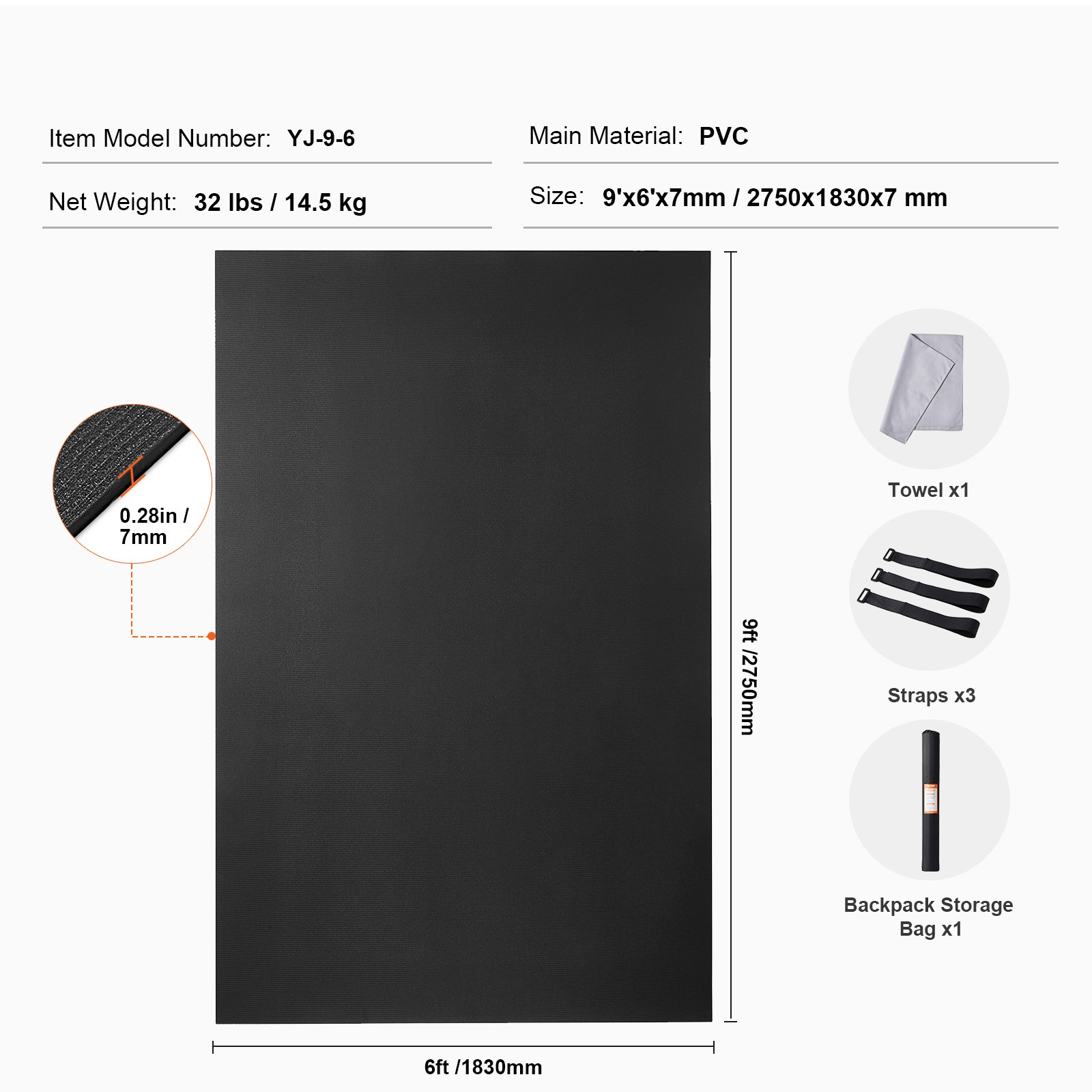 Exercise Mat VEVOR Non-Slip Exercise Mat - 9x6ft Yoga, Gym, Pilates Workout Mat