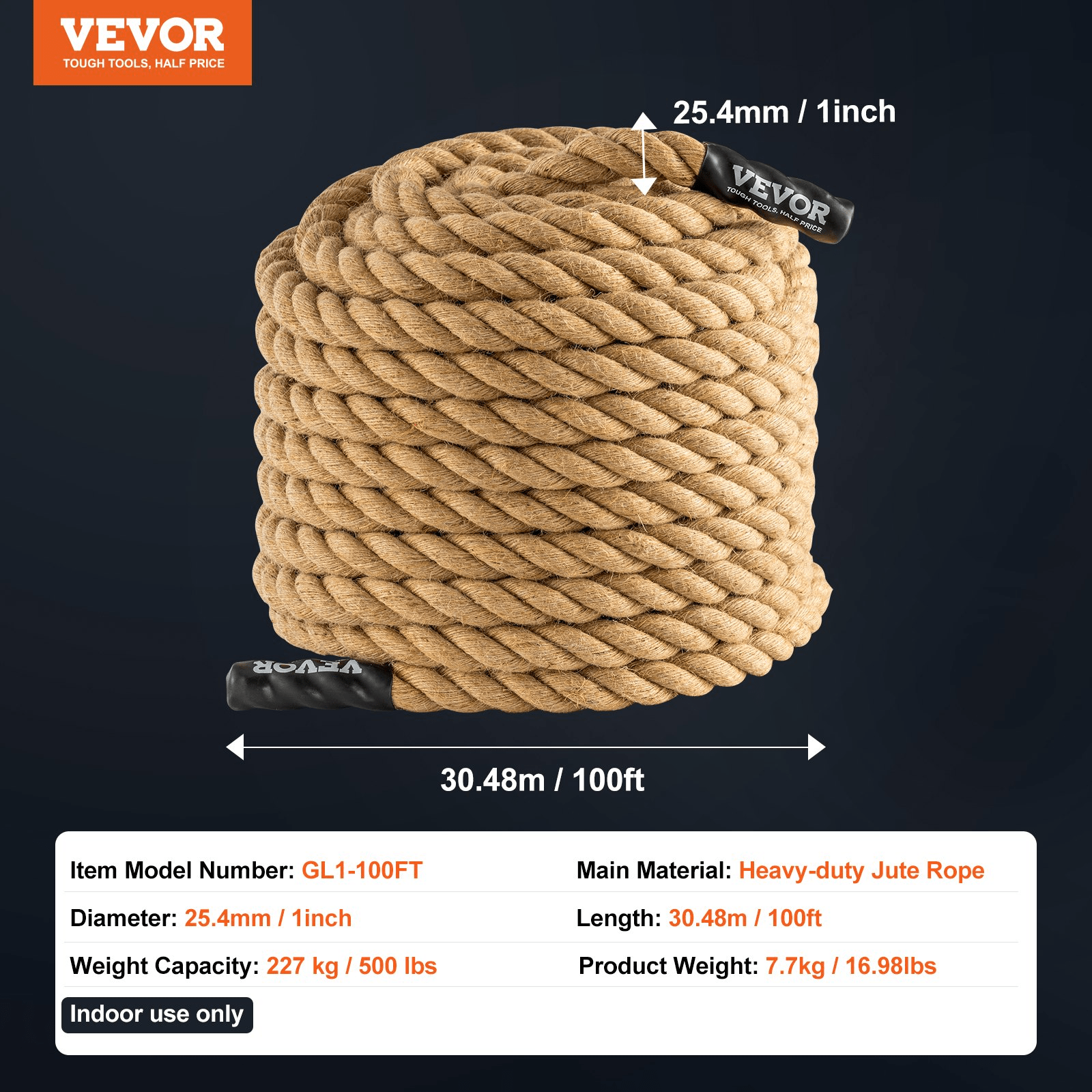 Rope VEVOR Gym Climbing Rope 2.5 cm x 3048 cm