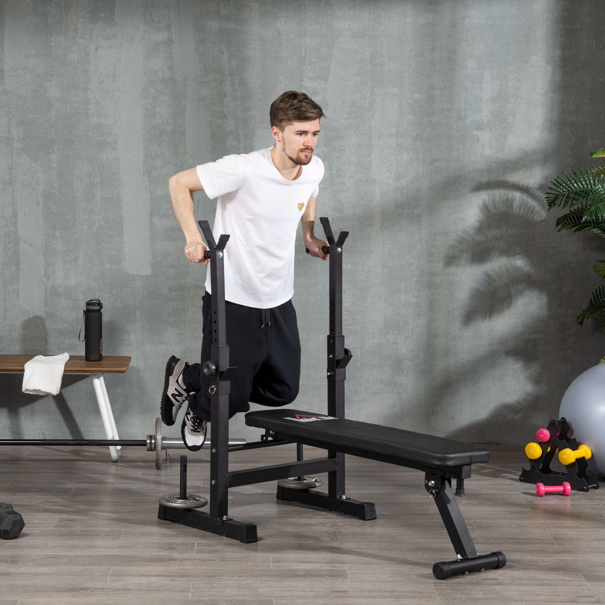 HOMCOM Foldable Adjustable Weight Bench with Barbell Rack & Dip Station