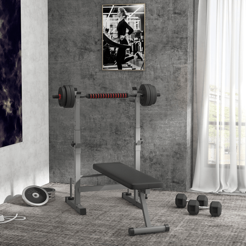 Adjustable Weight Bench with Foldable Barbell Rack and Dip Station by HOMCOM - Fitness Max