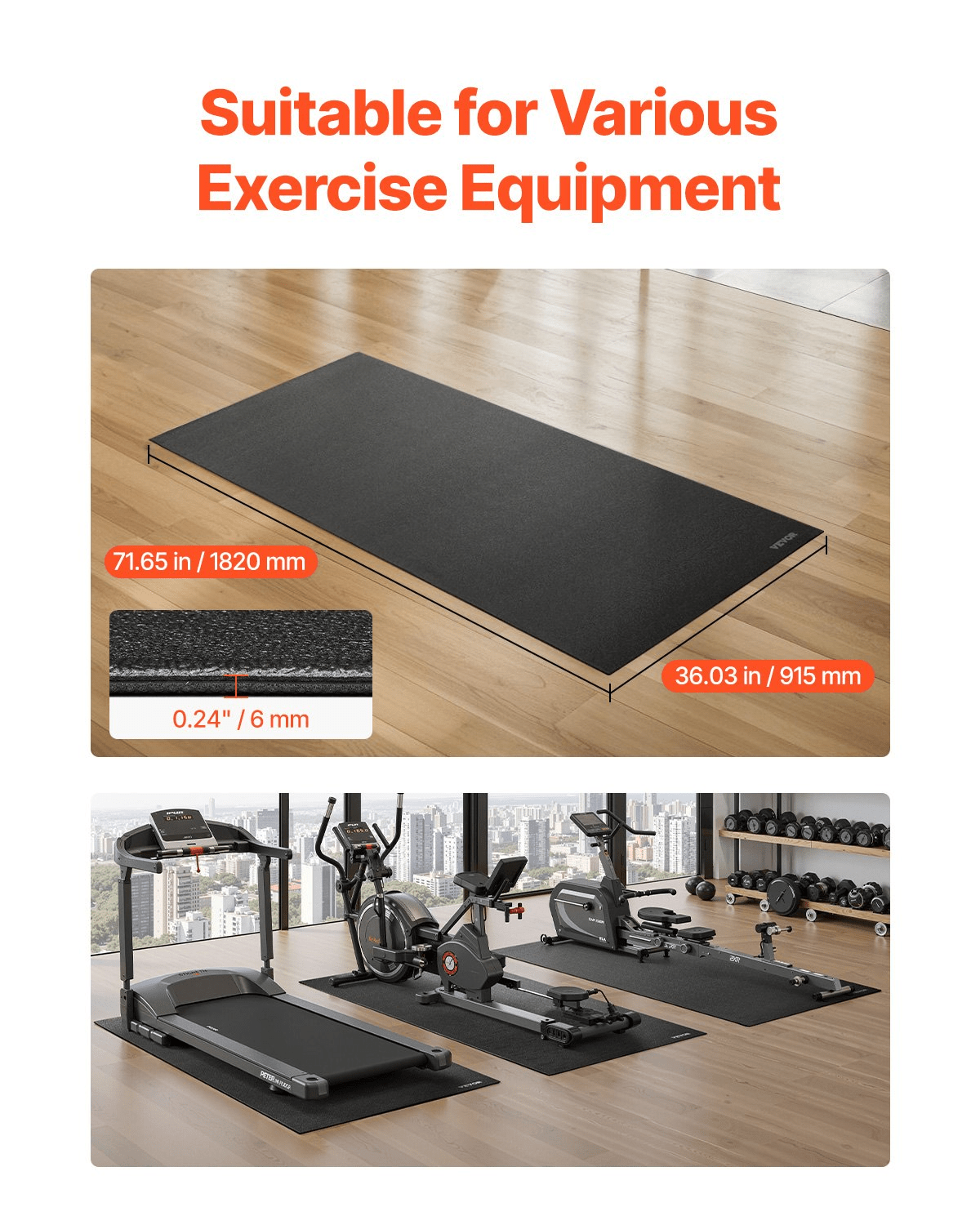 floor protective mats VEVOR Treadmill Mat - 6mm Thick PVC, 915x1820mm