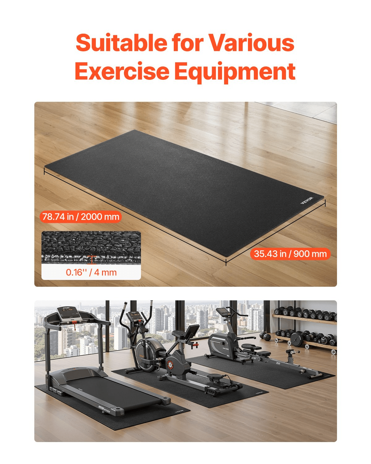 floor protective mats VEVOR Treadmill Mat - 4mm Thick, 900x2000mm