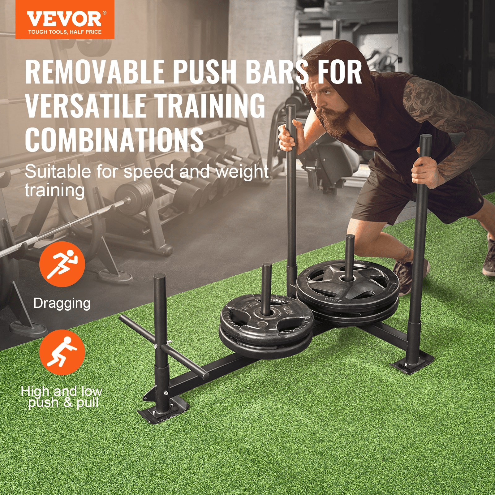 Pull Push Power Sled VEVOR Weight Training Sled - Pull Push Power Sled with Handle - Steel Workout Equipment for Athletic Exercise & Speed Improvement - Fit for 2" Weight Plate - Black