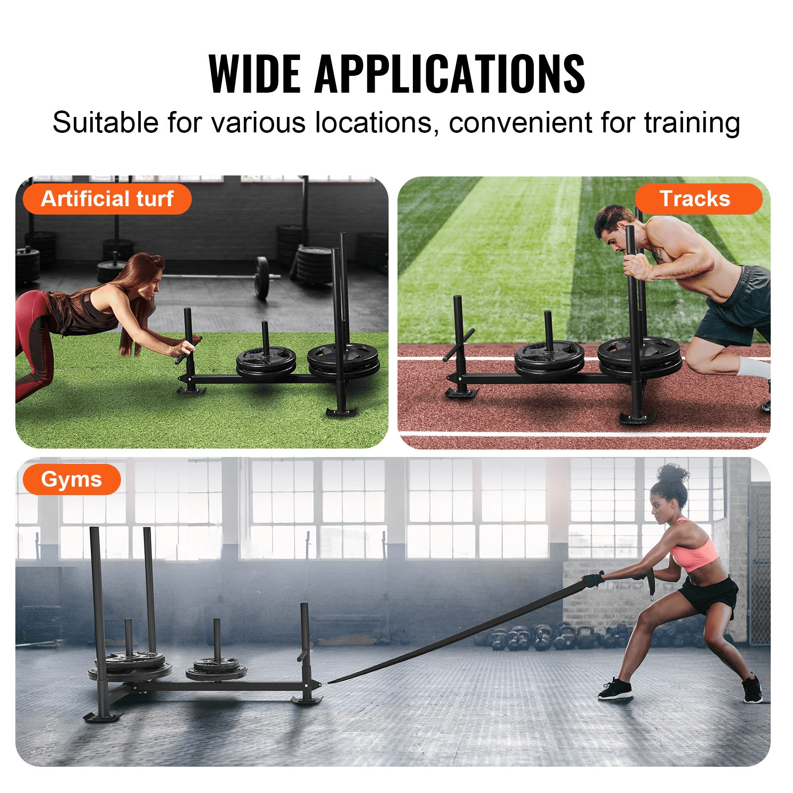 Pull Push Power Sled VEVOR Weight Training Sled - Pull Push Power Sled with Handle - Steel Workout Equipment for Athletic Exercise & Speed Improvement - Fit for 2" Weight Plate - Black
