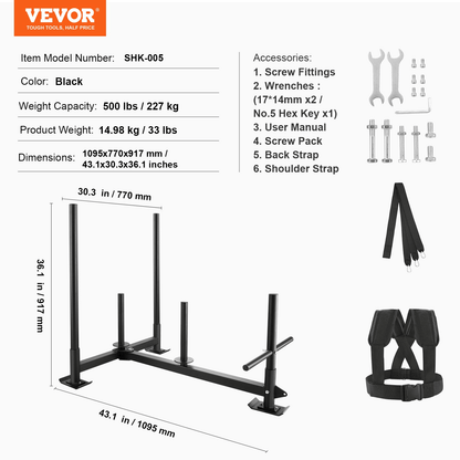 Pull Push Power Sled VEVOR Weight Training Sled - Pull Push Power Sled with Handle - Steel Workout Equipment for Athletic Exercise & Speed Improvement - Fit for 2" Weight Plate - Black