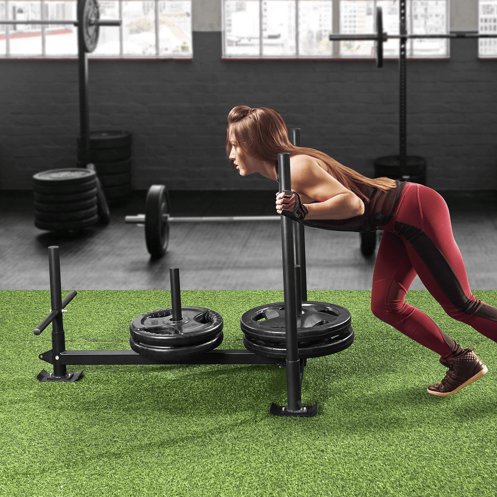 Pull Push Power Sled VEVOR Weight Training Sled - Pull Push Power Sled with Handle - Steel Workout Equipment for Athletic Exercise & Speed Improvement - Fit for 2" Weight Plate - Black