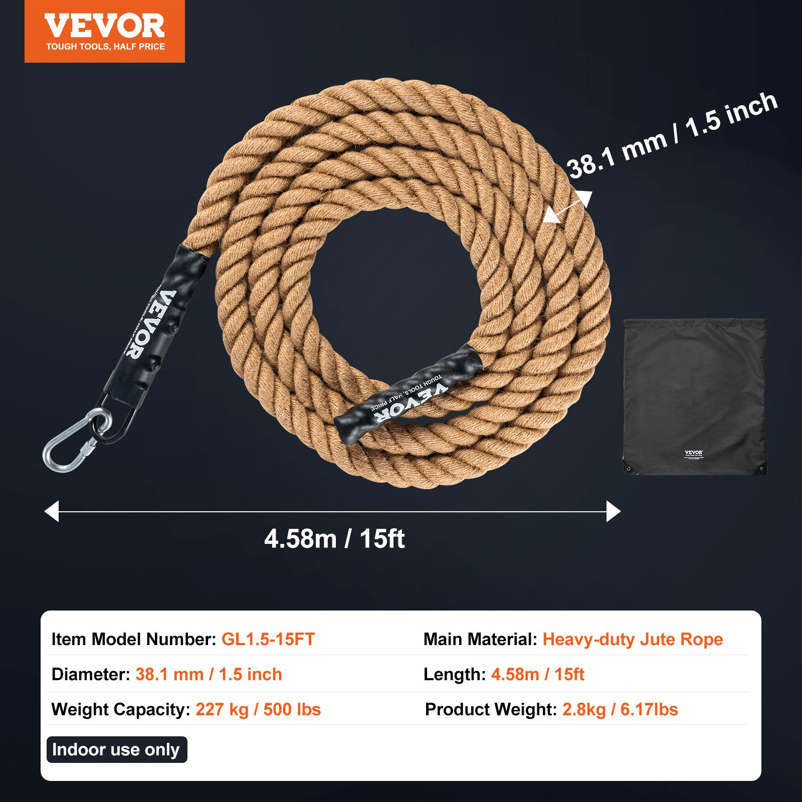 Rope VEVOR 3.8 cm x 457.2 cm Gym Climbing Rope