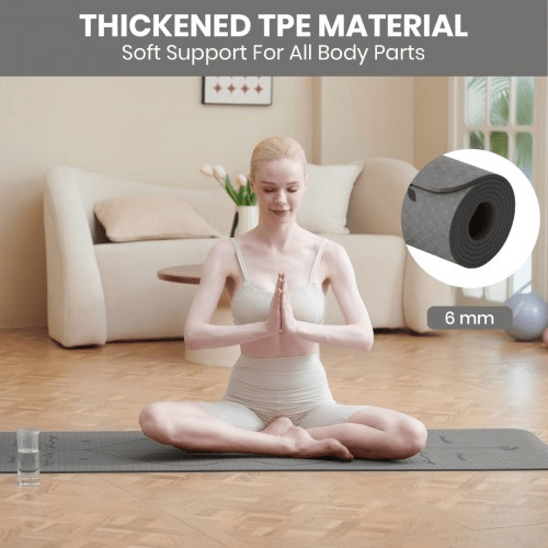 Premium Non-Slip Yoga Mat with Alignment Lines in Grey, High-Density TPE - Fitness Max