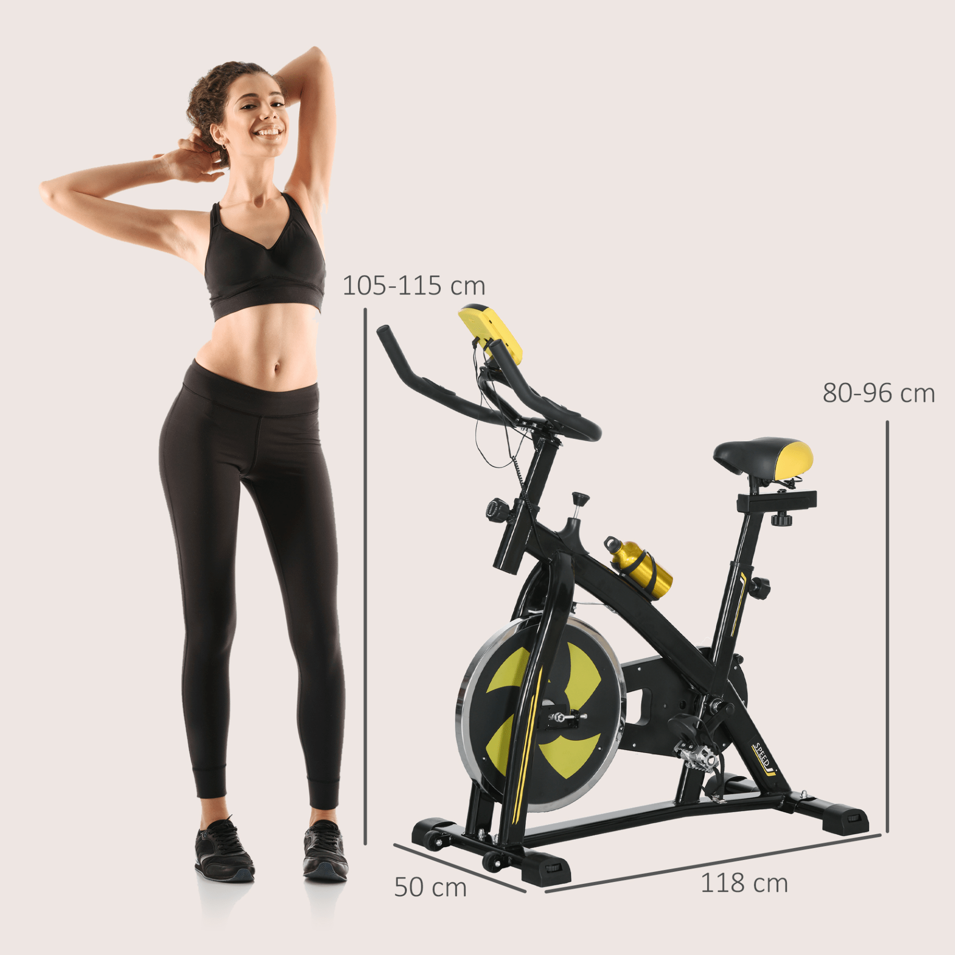 Indoor Exercise Bike with Adjustable Seat, Resistance, Heart Rate Monitor - Yellow - Fitness Max