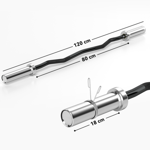 120cm EZ Curl Bar with Spring Clips, Barbell for 5cm Plates, 8kg - Fitness Max