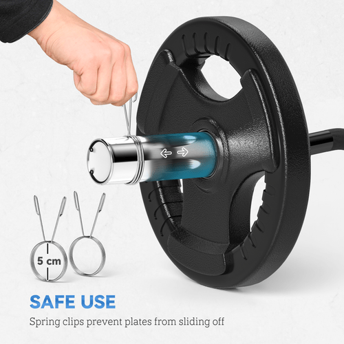 120cm EZ Curl Bar with Spring Clips, Barbell for 5cm Plates, 8kg - Fitness Max
