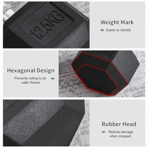 12.5KG Rubber Hex Dumbbell for Home Gym by HOMCOM - Fitness Max