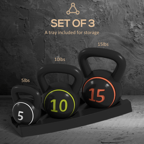 SPORTNOW Three Kettlebell Weights Set with Storage Tray, 2.2kg, 4.5kg, 6.8kg - Fitness Max