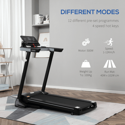 500W Motorised Treadmill, 1-12km/h, Folding Frame, Wheels, Preset Programs by HOMCOM. - Fitness Max