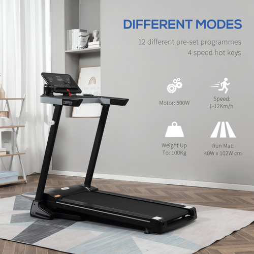 500W Motorised Treadmill, 1-12km/h, Folding Frame, Wheels, Preset Programs by HOMCOM. - Fitness Max