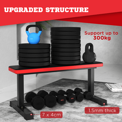 Workout Bench SPORTNOW Heavy-Duty Flat Weight Bench with Dumbbell Rack - 300KG Limit