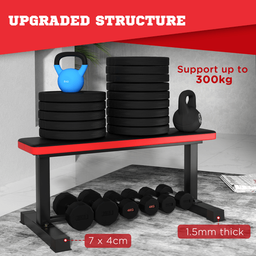 Workout Bench SPORTNOW Heavy-Duty Flat Weight Bench with Dumbbell Rack - 300KG Limit